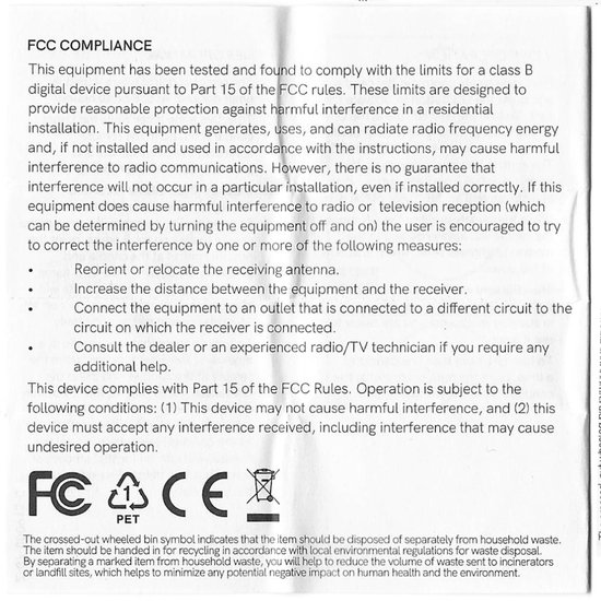 FCC-verklaring en recyclinginformatie met logo's