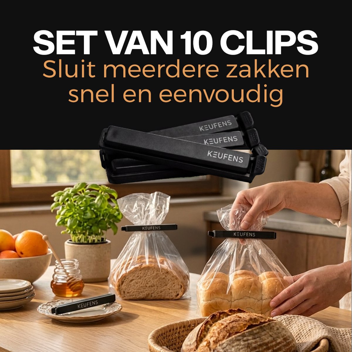 Keufens Vershoudclips 10 stuks zwart - Vaatwasser en vriezer bestendig - Afsluitclips - Vershoud knijpers - Zaksluiter - Kunststof — afbeelding 5