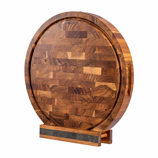 VDN Snijplank Rond Acacia Hout - Houten Snijplank Kopshout met Sapgeul - Hakblok Ø 38 x 3,8 cm - Borrelplank met Handvaten en Standaard