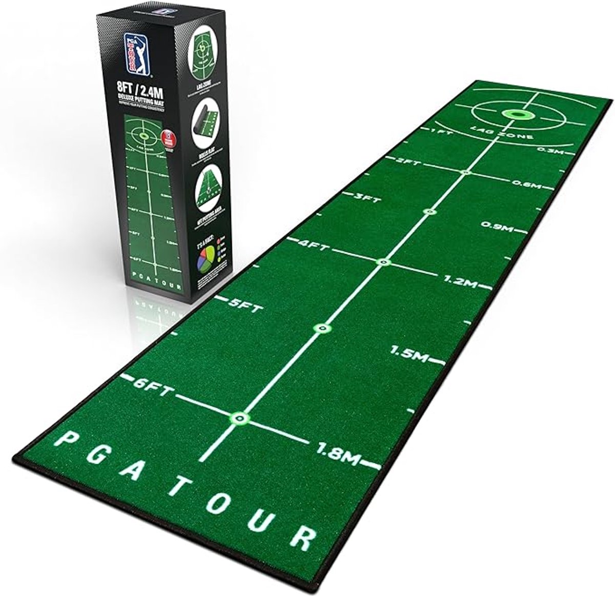 Puttingmat - Golf Puttingmat - 240 cm - Luxe Golfoefenmat voor Binnen - 1.8m Putting Area - Trainingsrichtlijnen - Gatdoel - Golf Training - Indoor Golf - Draagbaar - Inclusief Draagtas - Kunstgras - Golf Accessoires - Groen - 2,4 Meter