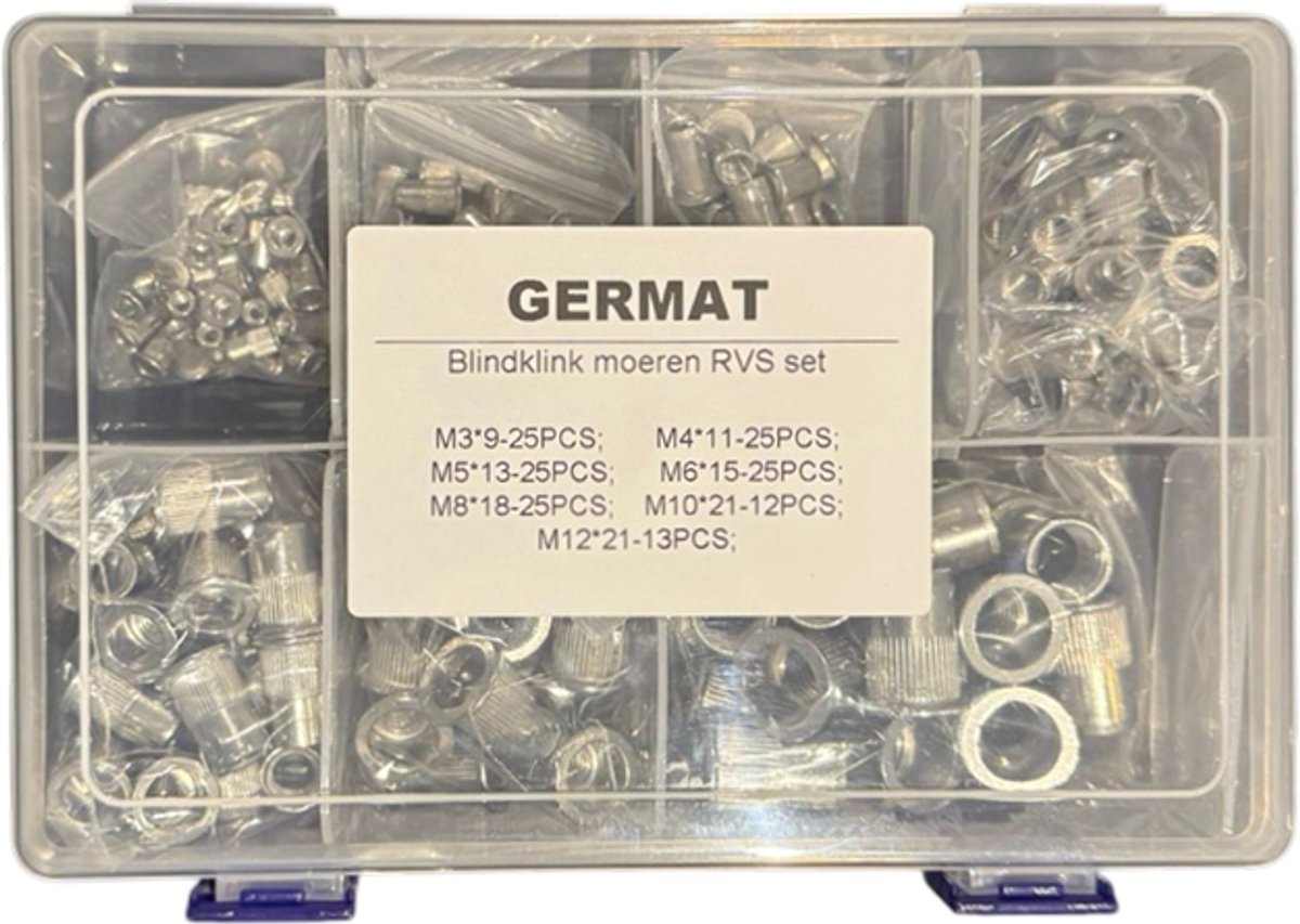 Germat Blindklinkmoeren Assortiment RVS – M3 t/m M12 – 149 Stuks – Popmoeren Set – Roestvrij Staal – Voor Dun Plaatmateriaal & Profielen – Professioneel