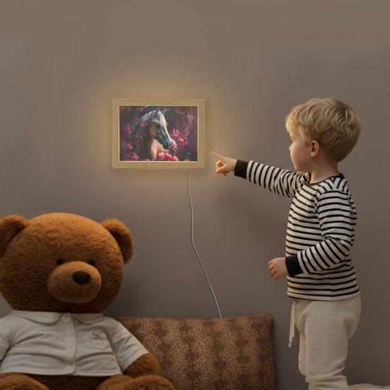 Nachtlampje 20x15 cm - Kinder lamp - Paard - Bloemen - Paars - Oranje - Dieren - Tafellamp kinderkamer - Slaapkamer lamp - Bedlamp kinderen - Kinderlampje stopcontact - Wandlamp babykamer - Nachtlampjes van Merkloos — afbeelding 5