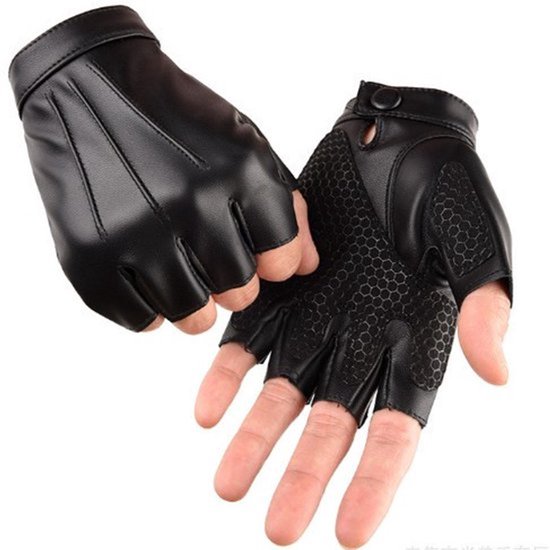 Paar zwarte vingerloze handschoenen van PU-leer, met antislip handpalm.
