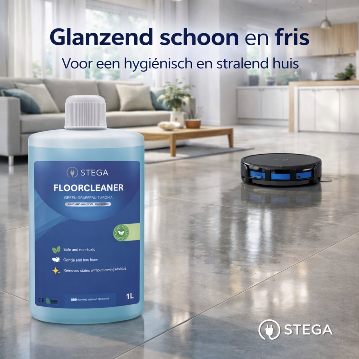 STEGA® Floorcleaner Vloerreiniger voor Robotstofzuiger met Dweilfunctie - 1 Liter - Laagschuimend – foto 2