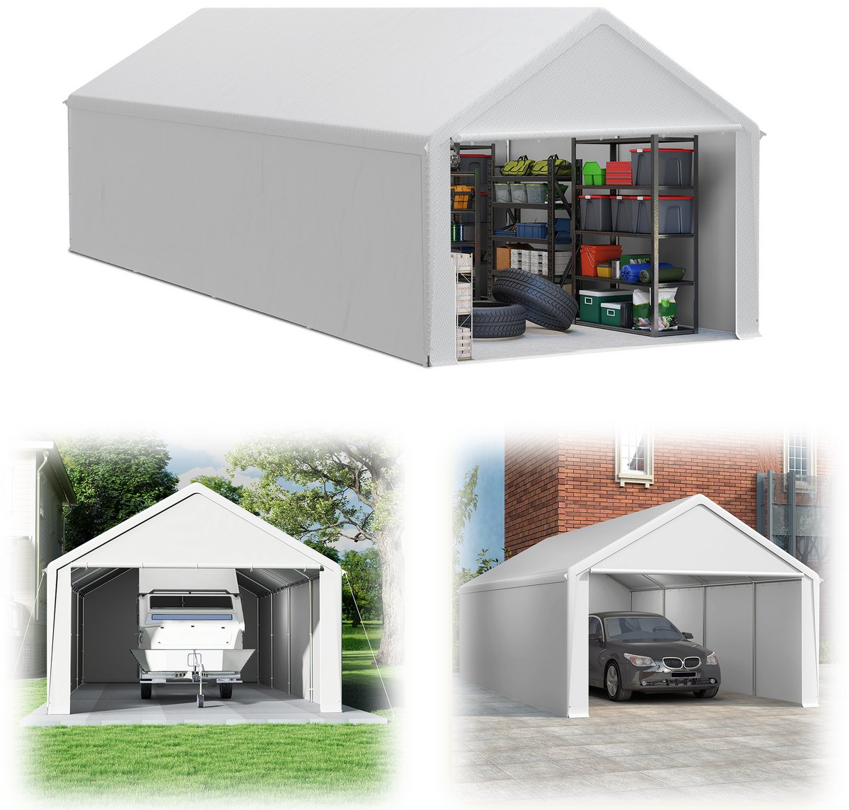 Gereedschapsschuur Gereedschapstent 4x8m (32㎡) Vouwpaviljoen UV-Bescherming Garagentent Met Zijwanden & Ventilatieopeningen Waterdicht PE Stof En Metaalframe Buiten Carport Wit NAIZY