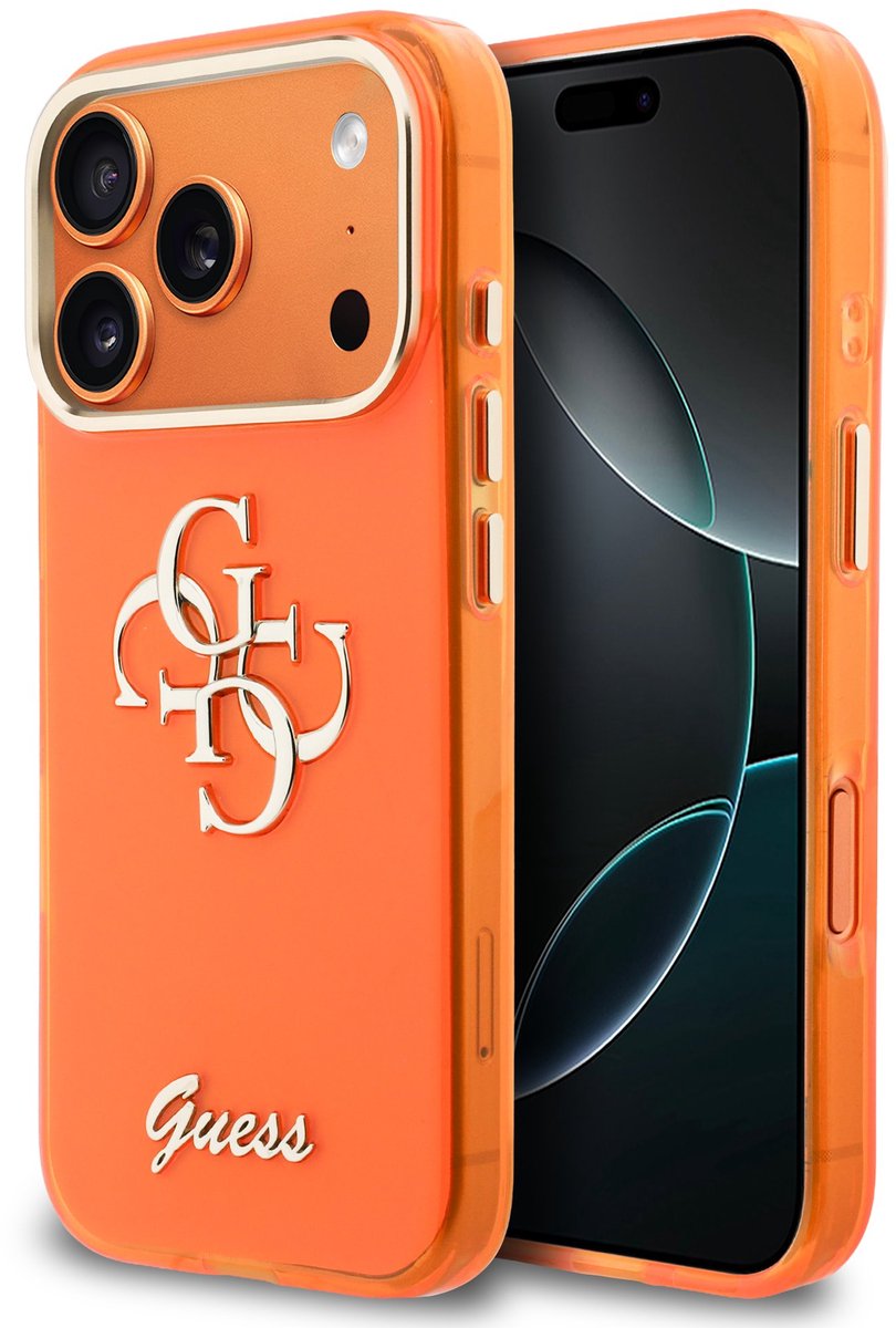 Guess iPhone 17 Pro Backcover hoesje - 4G Script Metal Logo - Silver Edge - Oranje