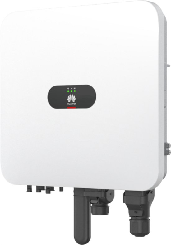 Witte Huawei omvormer met logo en groene LED-indicatoren, rechts een connector.