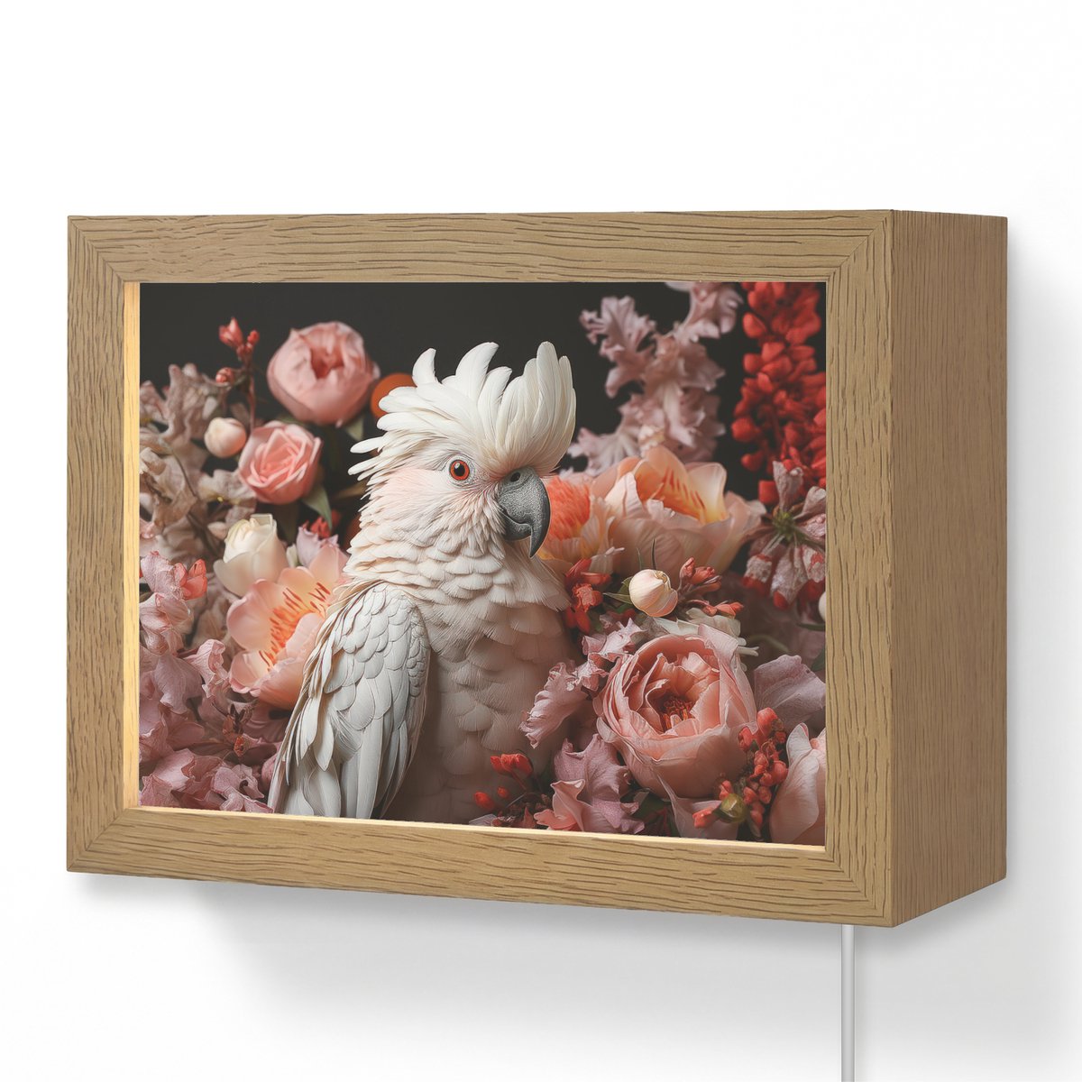 Wandlamp 20x15 cm - Oplaadbaar - Kaketoe - Dier - Natuur - Botanisch - Bloemen - Roze - Wa