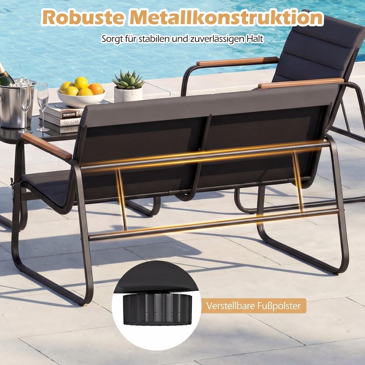 Oslo Royal 4-Delige Luxe Loungeset - Inclusief 2-Zits Bank, 2 Fauteuils en Glazen Koffietafel - Modern Antraciet Design met WPC Armleuningen