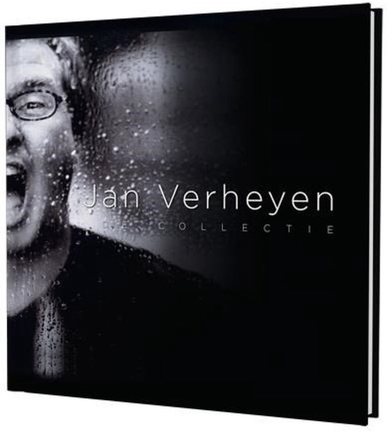 Boek met "Jan Verheyen COLLECTIE" op de cover. Links een close-up van een man met bril die schreeuwt, nat door regen.