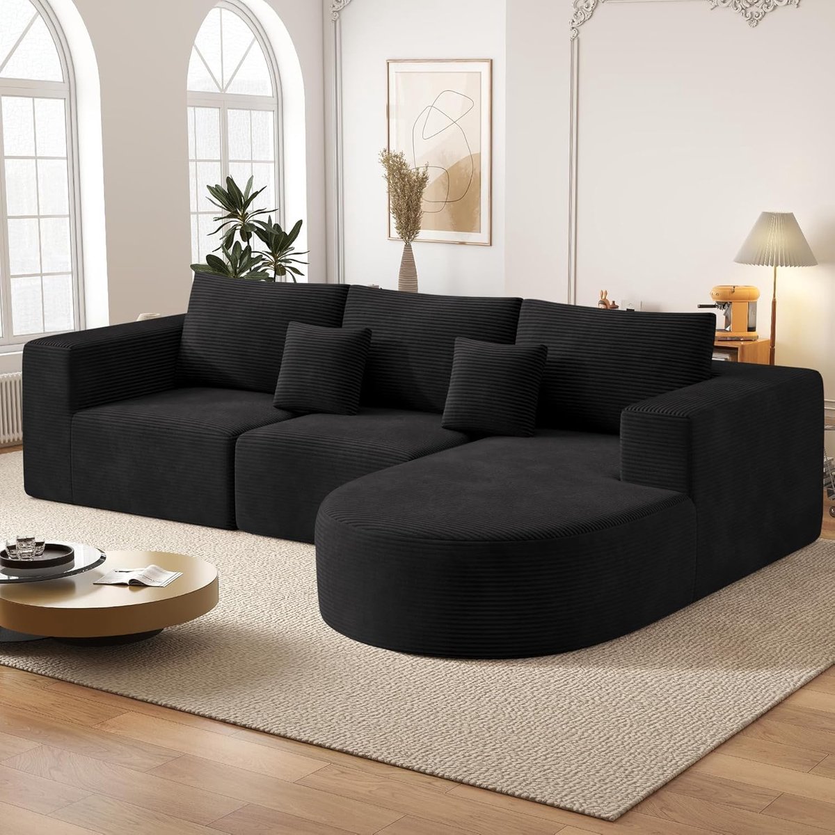Hoekbank met Slaapfunctie 264x177x59 cm – L-Vormige Modulaire Slaapbank met Chaise Longue Rechts, Opbergruimte, Corduroy Stof Zwart, 3-Zits Luxe Comfortbank – Laura