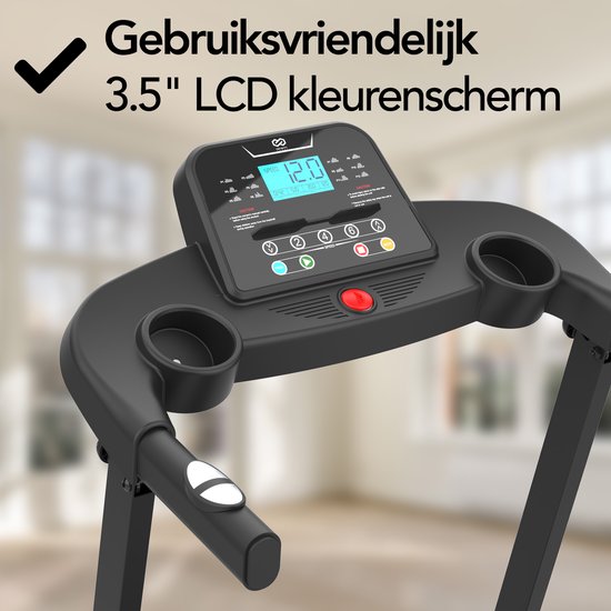 Close-up van de console van de zwarte loopband met een 3.5" LCD kleurenscherm en bedieningsknoppen.