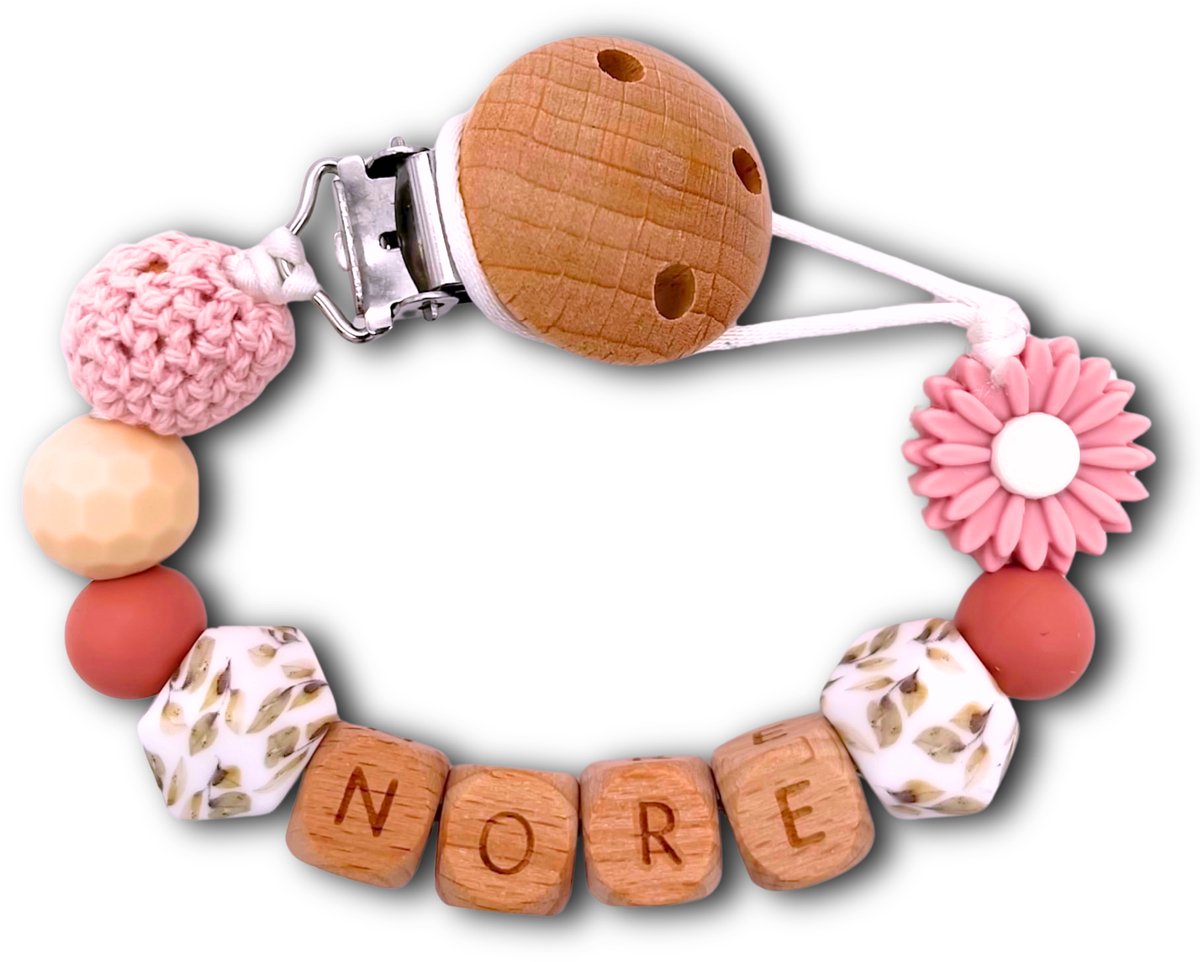 Speenkoord met naam - Blaadjes | Personaliseer - Kraamcadeau - Speenketting - Babycadeau - Babyshower