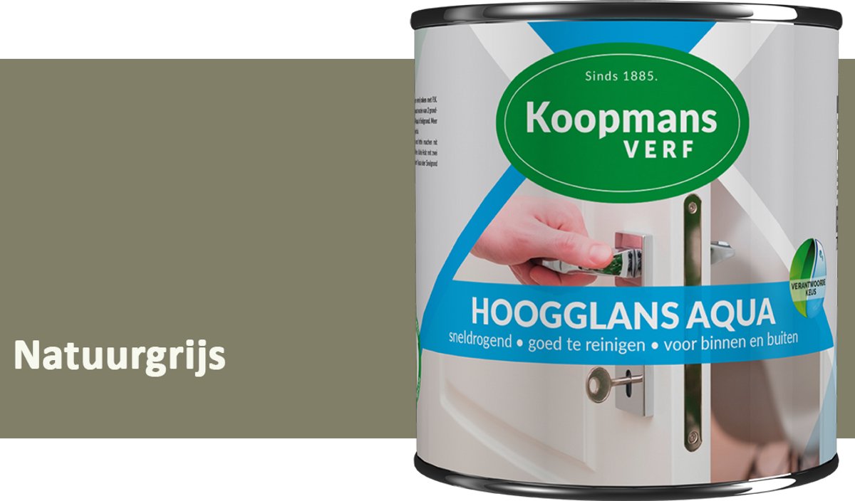 Koopmans Hoogglans Aqua Lak – 2,5 l – Natuurgrijs – Hoogglans Verf – Sneldrogend & Biobased – Voor Binnen en Buiten – Hout & Metaal