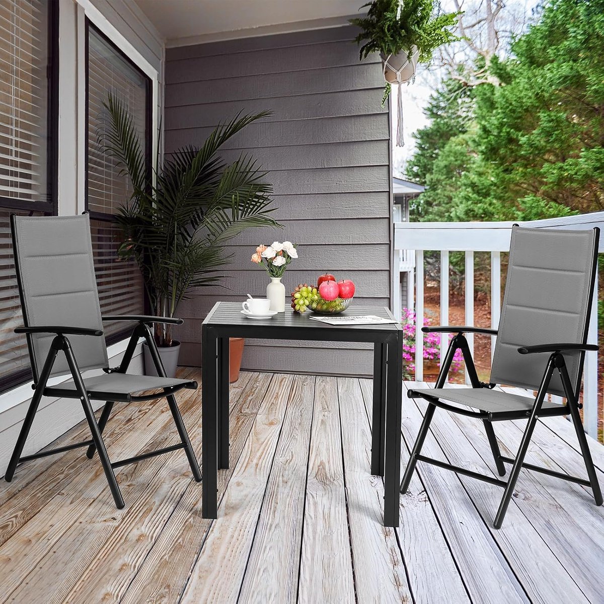 Verstelbare Tuinstoel Set 4 Stuks 65 x 52 x 107 cm – Aluminium Balkonstoelen met Hoge Rugleuning, Inklapbaar, Comfortabele Gewatteerde Zitting en Rugleuning, 7-Posities Recliner, Outdoor Eetkamerstoelen – Laura