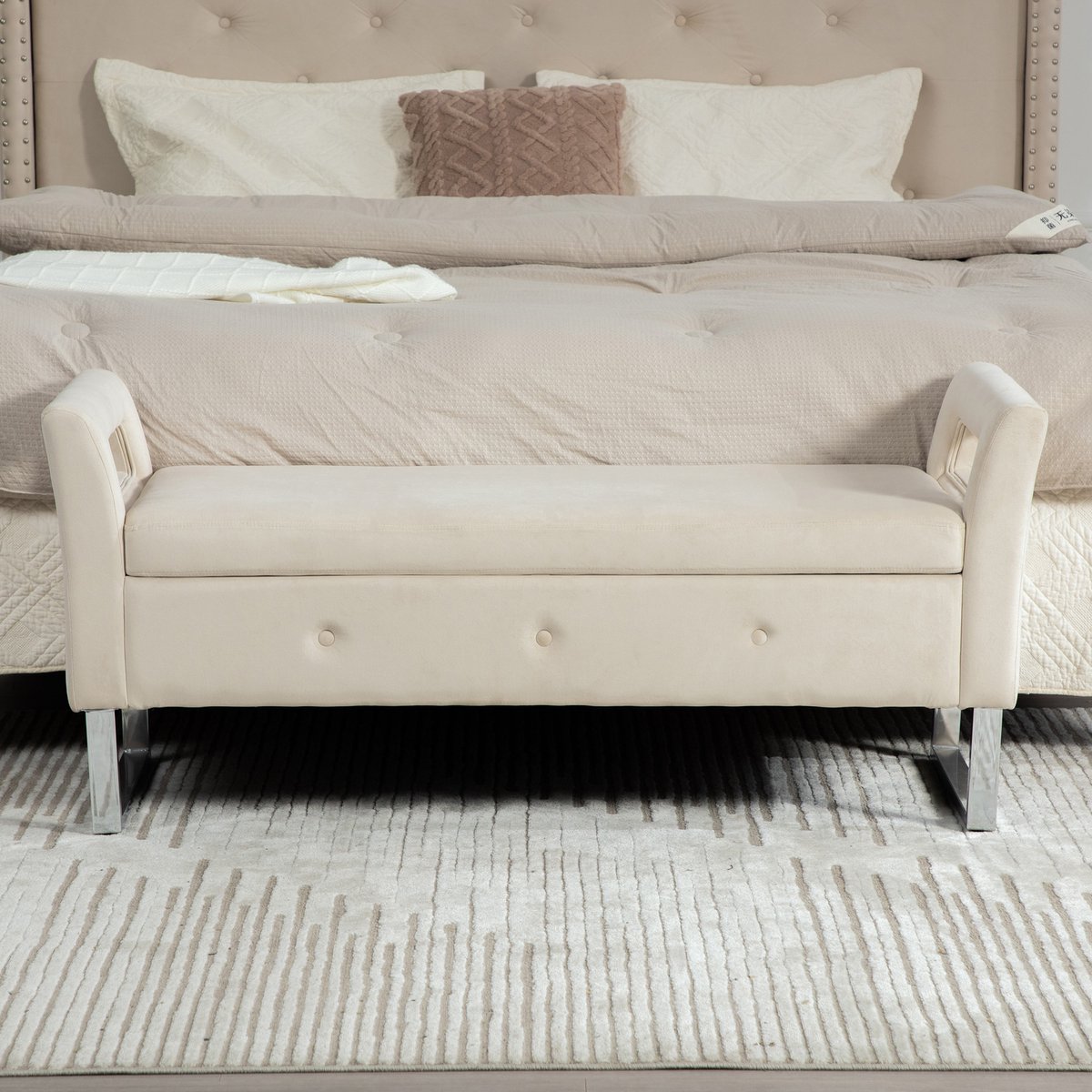 STILVORA Opberghocker - Met Armleuningen En Verborgen Opbergruimte - Voor Woonkamer, Hal En Slaapkamer - Fluweel Beige