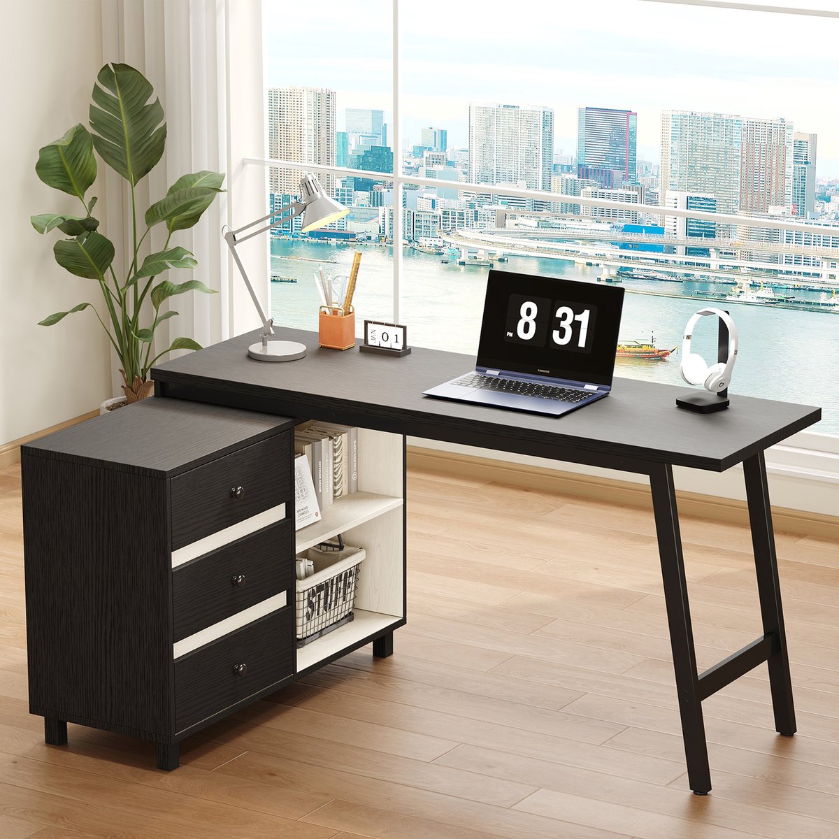 REDOM Hoekbureau - Met 3 Laden En 2 Open Vakken - Modern - Voor Kantoor Of Studie - MDF En Metaal - Zwart-Wit - 150 X 100 X 76 Cm