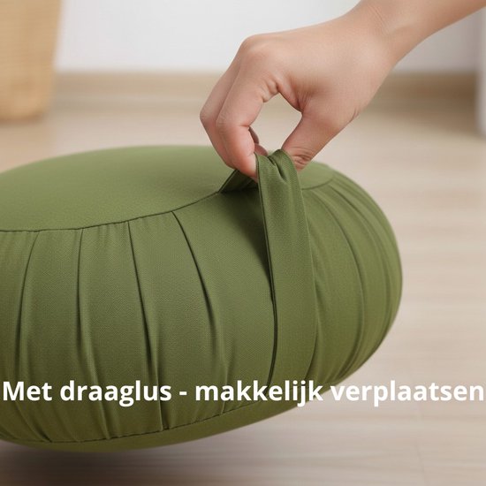 Zafu meditatiekussen rond 35 cm – hard & stevig kapok – yoga kussen / meditatiekussen – Moss groen – met draaglus — afbeelding 2