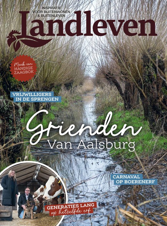 Landleven Magazine met een sloot en wilgen, met tekst "Vrijwilligers in de Sprengen" en "Grienden Van Aalsburg"
