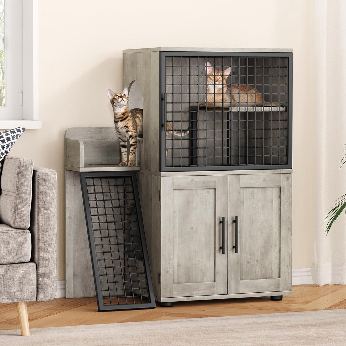 Kattenbakombouw met Speelplatform en Trapje – Dubbellaags Kattenhuis & Kattenkast – Grijs – 85 x 45,5 x 106,5 cm Kattenbakombouw met Speelplatform en Trapje – Dubbellaags Kattenhuis & Kattenkast – Grijs – 85 x 45,5 x 106,5 cm
