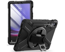 Hoes Geschikt voor Samsung Galaxy Tab S10 Lite / S10 FE / S9 FE / S9 - Back Cover met Handriem - 360° Draaibare Kickstand Standaard - Beschermhoes Zwart