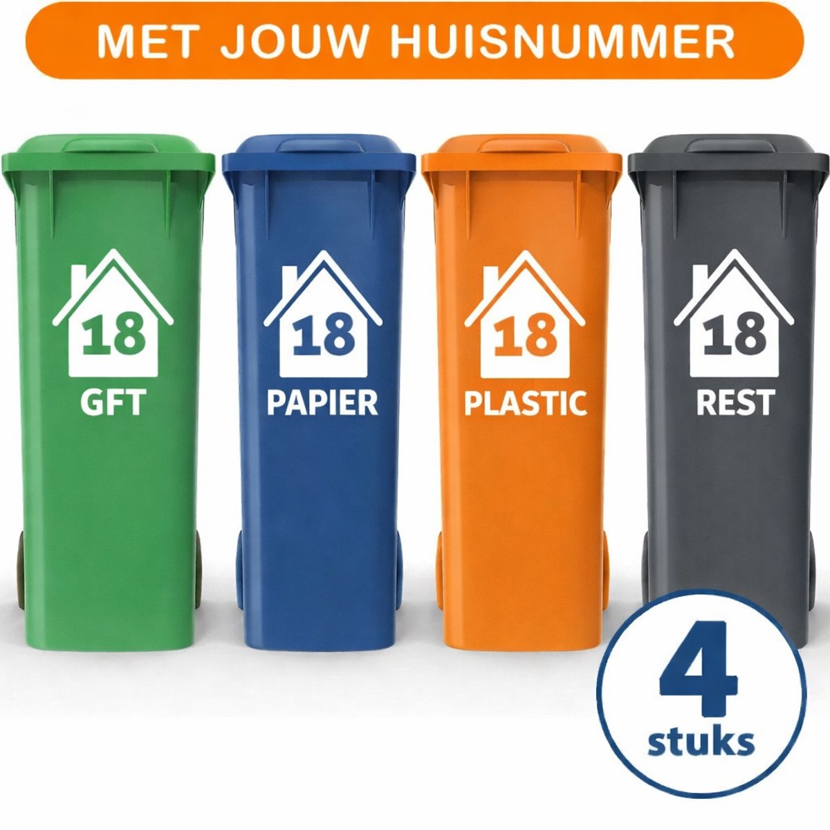 Container Stickers - Voordeelset 4 stuks - 15x20 cm - Sticker voor Afvalcontainer - Klikosticker - Huisje met Huisnummer en Tekst: Plastic, Papier, GFT en Restafval