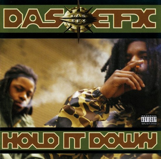 Albumhoes van DAS EFX 'Hold It Down' met twee mannen, waarvan één rookt. Eén man draagt een camouflage jas.