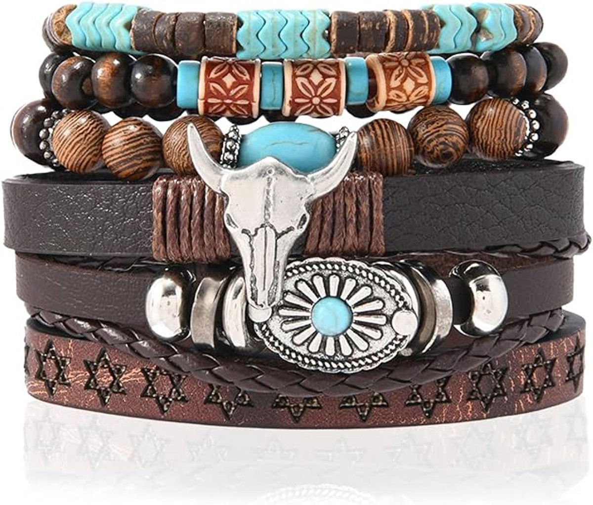 Daity 1 armband in westernstijl, cowboyarmband in countrystijl, stapelbare vintage kralen hanger in cowboy-bohemienstijl met turquoise koe, sieradenset met elastische kralen in countrythema (bruin)