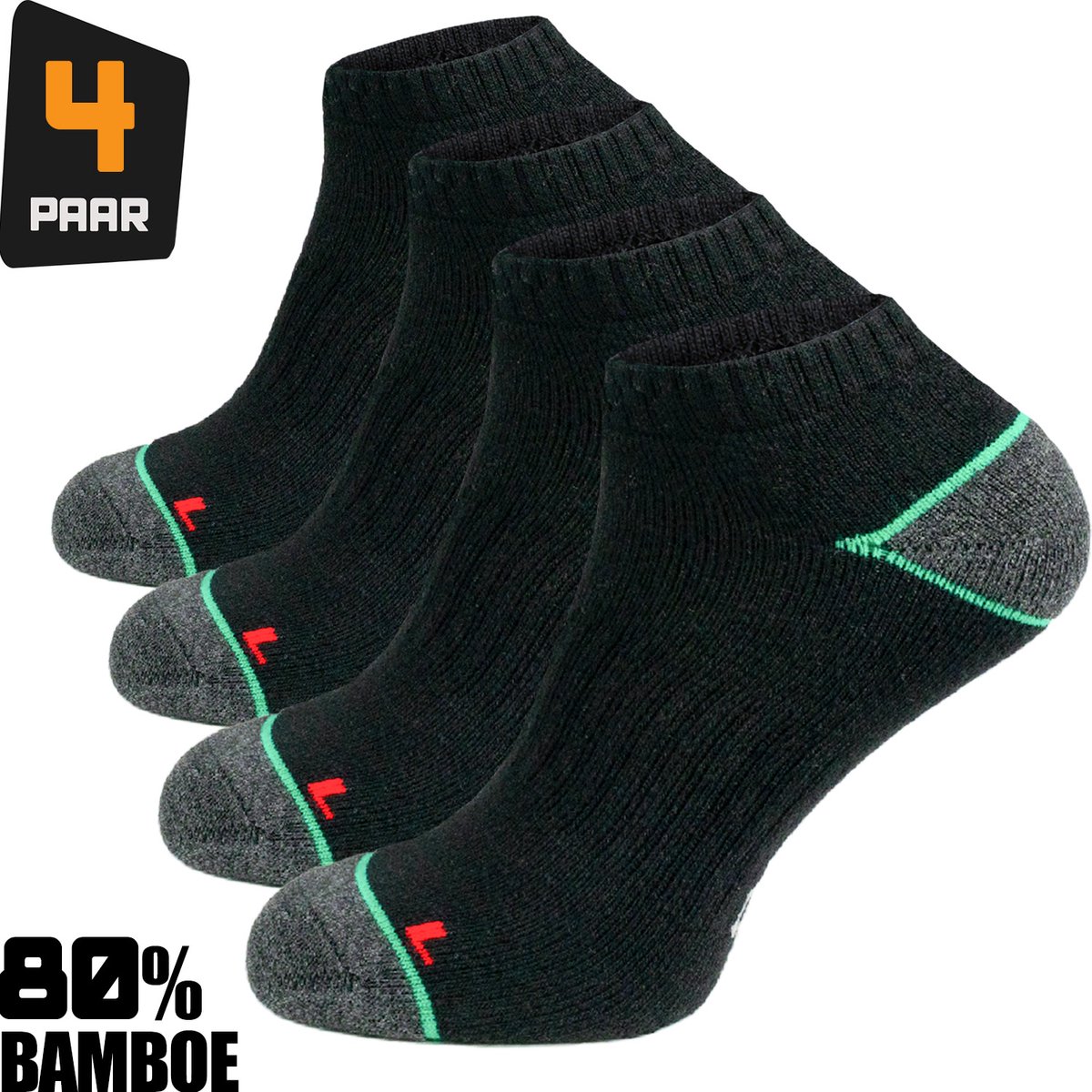Premium Sneaker Bamboe Werksokken Heren Maat 43/46 - 4-paar - Korte Werksokken - 80% Bamboe - Ademend & Antibacterieel - Comfortabele Bamboe Sokken - Europese Productie - 94Workwear