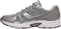 Grijze Saucony sneaker met witte zool en zilveren accenten.