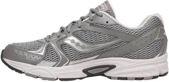 Grijze Saucony sneaker met witte zool en zilveren accenten.