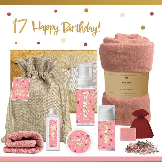 Cadeauset '17 Happy Birthday!' met zeep, shampoo, lotion, handcrème, handdoek en plaid in oudroze tinten.