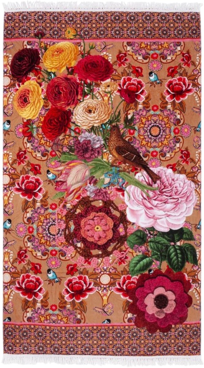 Happiness Strandlaken Romy - 100x180 cm - 100% Katoen - Bloemen en Vogels - Roze/Oranje met Franjes