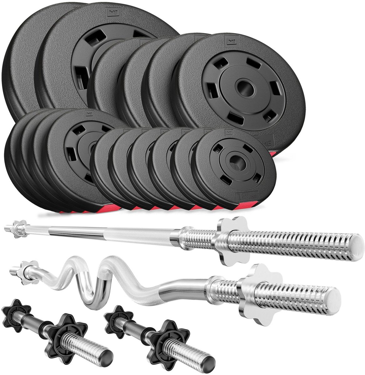 Hop-Sport Kunststof Halterset – Halterset 76 kg – SZ Curlstang 120 cm Lange Halterstang 167 cm en 2 Halterstangen – Kunststof Gewichten met Sluitingen