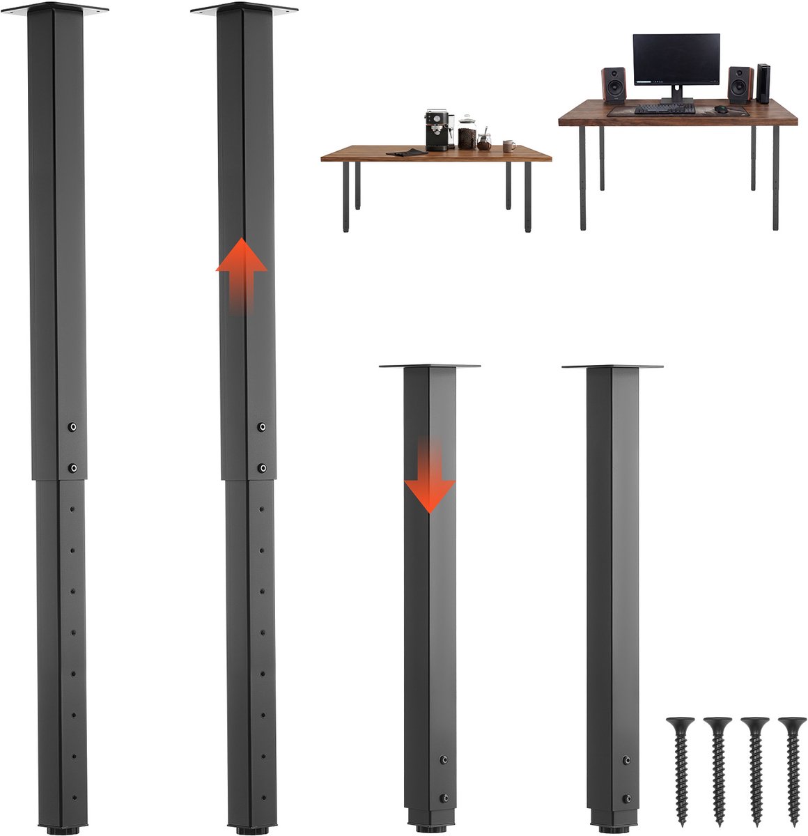 Vevor Tafelpoten, Set van 4, Meubelpoten 60–100cm In Hoogte Verstelbaar, Tafelpoten Max. 544 Kg, Telescopische Poten van Koolstofstaal, voor Bureaus, Salontafels, Eettafels, Werkbanken, Vierkant Zwart