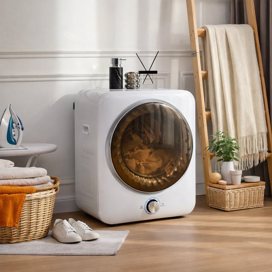 OKWISH Wasdroger – Compact En Stil Drogen – 3 Kg – ABS En Staal – Wit – Wandmontage Of Vloerplaatsing – 8 Programma’s