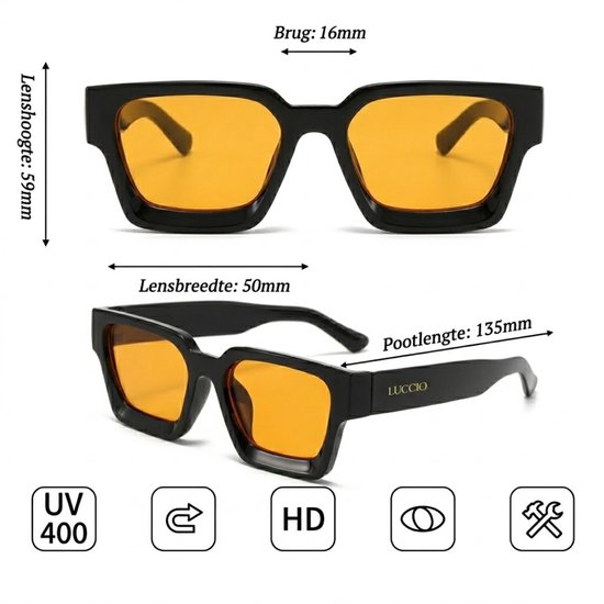 Luccio - Koningsdag bril - Oranje bril - Koningsdag accessoires - Luxueuze Trendy Vierkante Zonnebril - Zwart - Unisex - UV400 - Oranje Glazen - Koningsdag - Kingsday van Merkloos — afbeelding 3