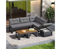Sweiko Tuin loungeset - Hoekbank + salontafel - Verstelbare rugleuning - Met kussens - Opbergruimte - Grijs