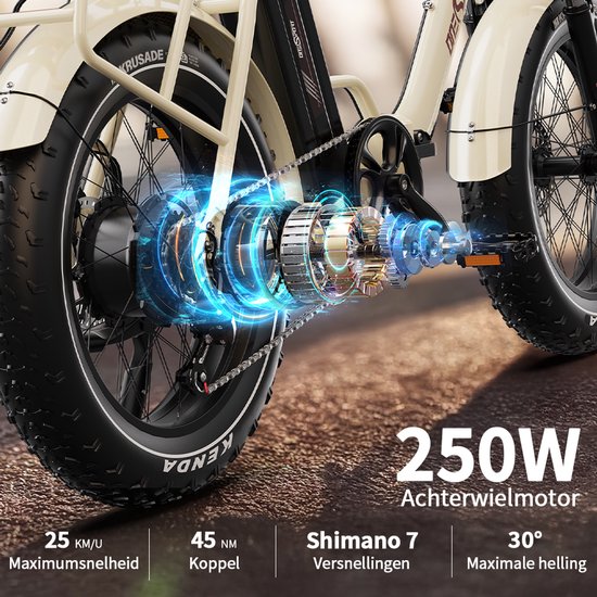 ONESPORT OT16Max Elektrische Fiets–Opvouwbaar–48V 18Ah Accu–Actieradius tot 120 km–Aluminium Lage Instap–20×4.0 Inch Fatbike –Shimano 7 Versnellingen - Hydraulische Schijfremmen - Bluetooth Verbinding - Max. Belasting 120 kg –Stads E-bike - Crèmewit van ONESPORT — afbeelding 5