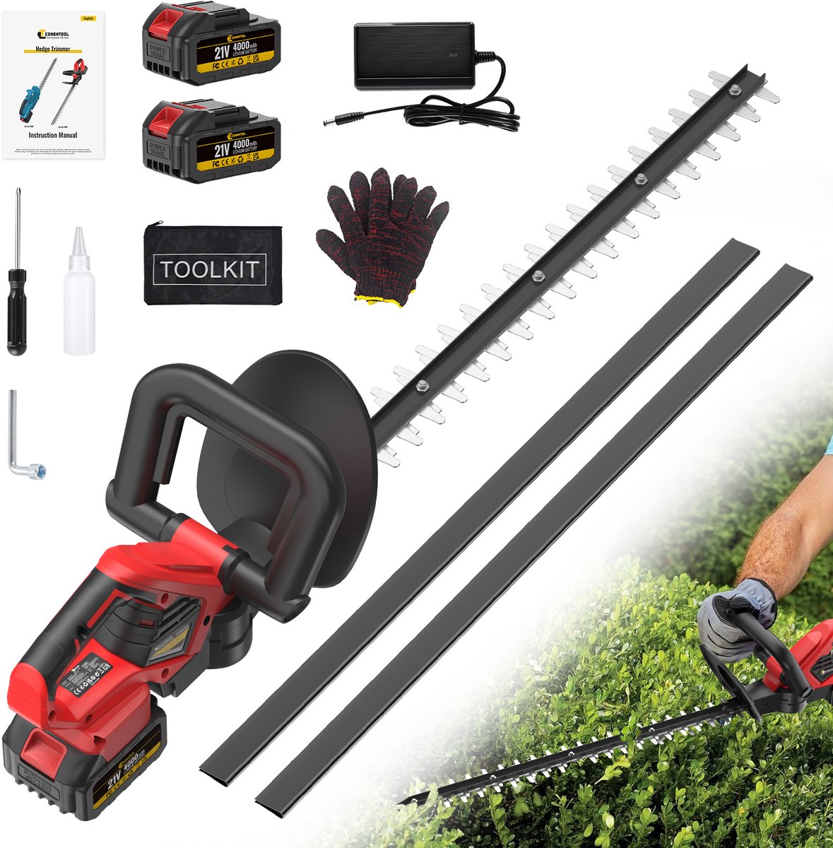 CONENTOOL Accu Heggenschaar - 56cm Bladlengte - Elektrische Heggenschaar - Met 2x 4.0Ah Accu's en Oplader