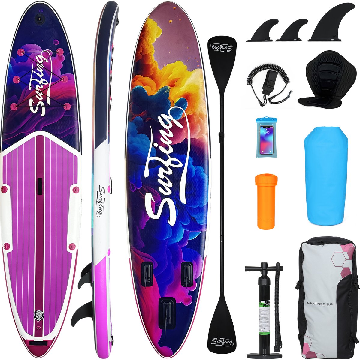 Puluomis Opblaasbaar Paddle Board - Paddle SUP Board - met Zitje - Complete Set - Max. 150KG - 335x84cm - Paars