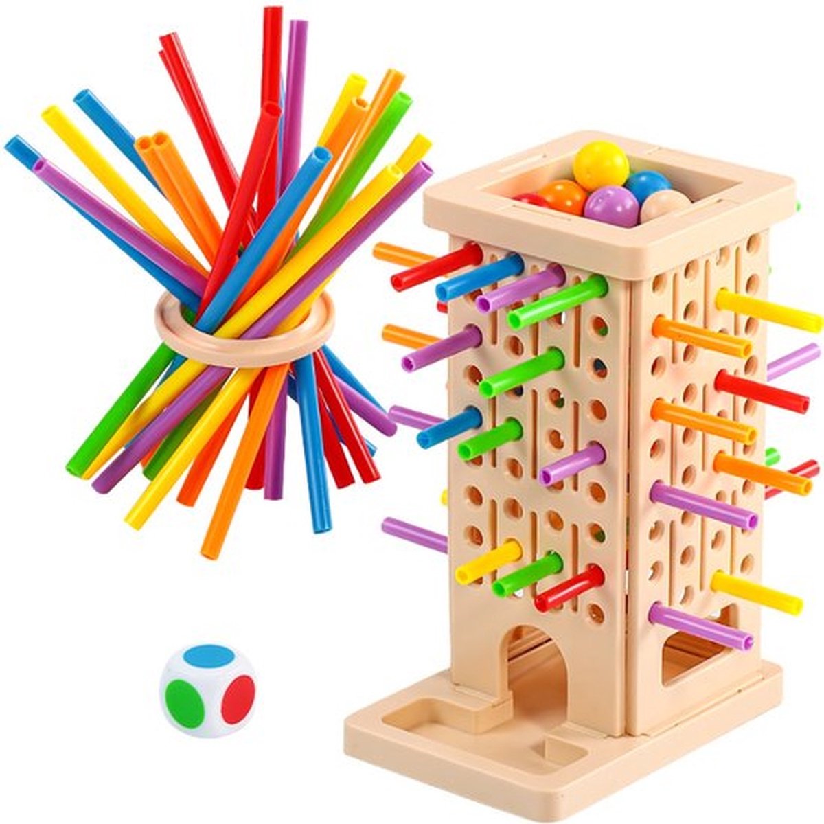 Montessori Bordspel voor Kinderen - Behendigheidsspel met 36 Gekleurde Stokjes & Ballen - Educatief Speelgoed 3-8 Jaar - Fijne Motoriek & Rekenen - Familie & Reisspel