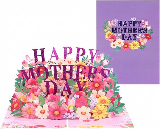 Une carte pop-up pour la fête des mères avec des fleurs aux couleurs vives et des lettres scintillantes 'HAPPY MOTHER'S DAY'. La carte est violette avec une couronne de fleurs.
