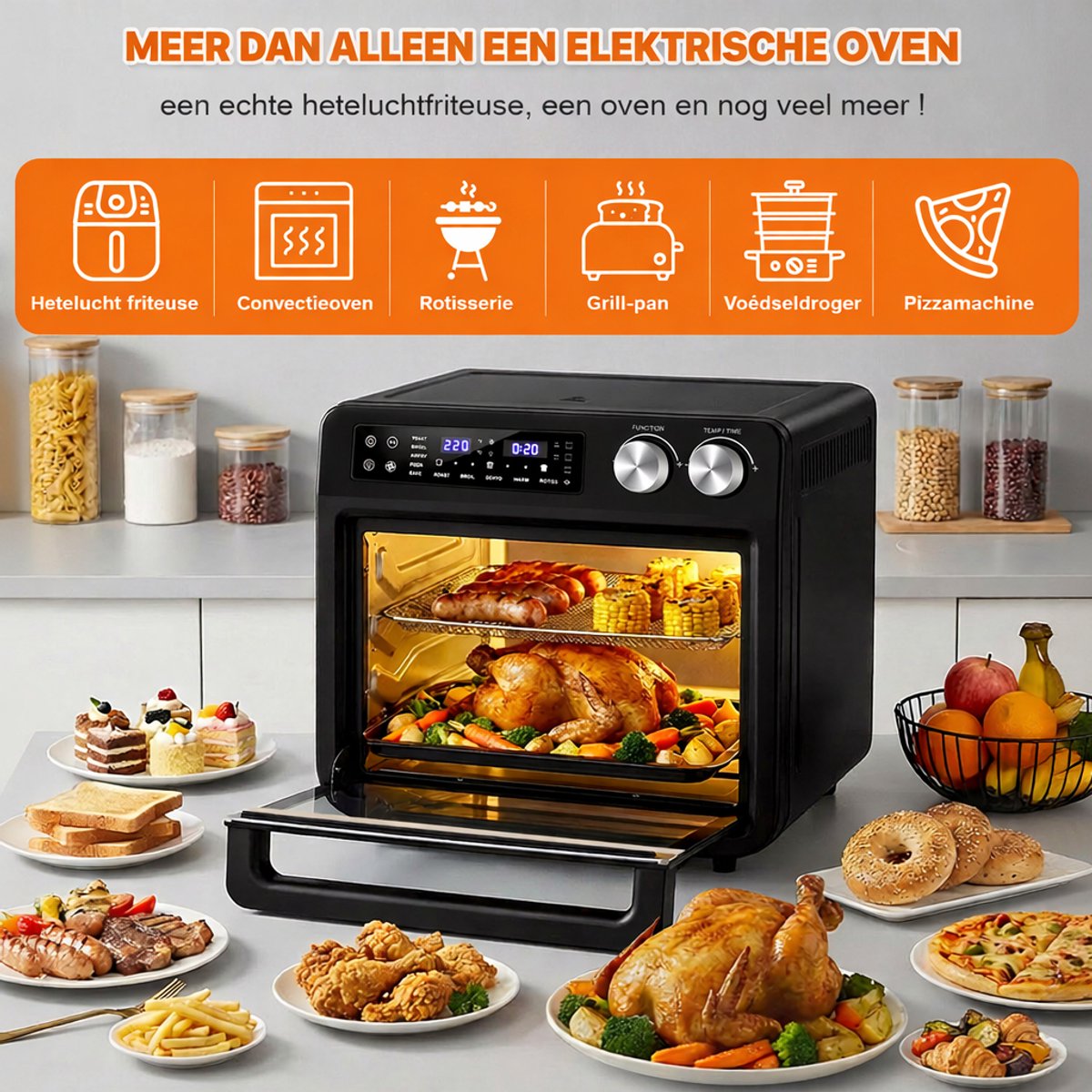 25L Elektrische Heteluchtfriteuse-10 In 1 Heteluchtfriteuse-toasten,bakken-grillen-dehydrateren- rotisserie etc. — afbeelding 4
