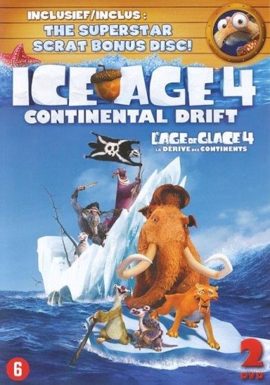 DVD hoes met de tekst: 'ICE AGE 4 CONTINENTAL DRIFT'. Drie mammoeten, een sabeltandtijger en een luiaard op een ijsschots.