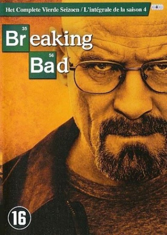 Close-up van een man met bril en sik, met 'Breaking Bad' logo.