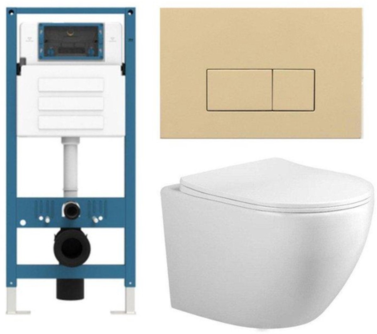 FugaFlow Eccelente Press Toiletset - 48.5x36x32cm - diepspoel - spoelrandloos - inbouwreservoir - softclose - quickrelease - toiletzitting - beige kunststof bedieningsplaat - rechthoekige knoppen - wit