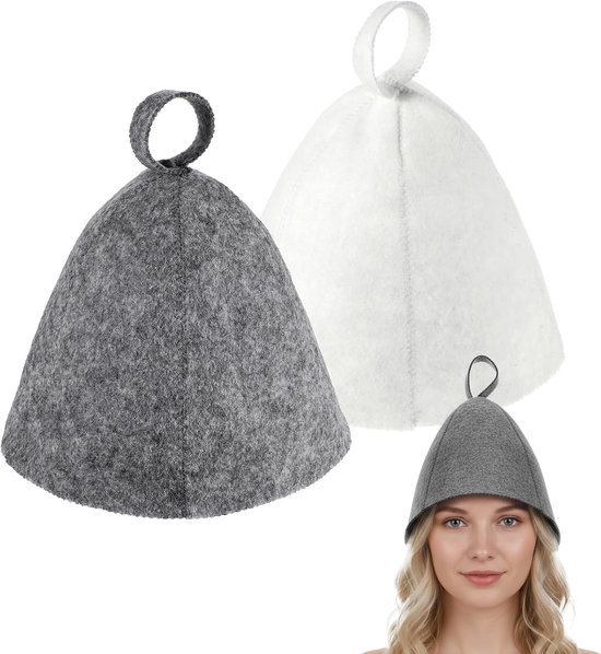 Saunamutsen - Saunahoed - Set van 2 - Vilten saunamutsen - Unisex - Sauna- en stoomcabinemutsen - Saunamutsen voor stoomcabines - Douchemutsen - Badkamerartikelen - Grijs, Wit