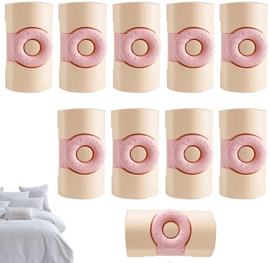 Tien beige lakenklemmen met een roze donut-vormige sluiting, op een witte achtergrond.