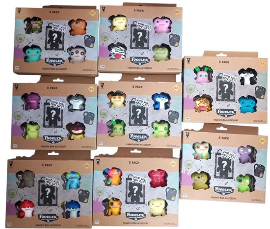Fuggler figuurtjes, 5-pack, met rugzak hangers in diverse kleuren zoals groen, bruin, geel, roze en blauw.